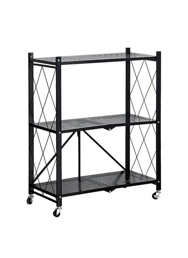 3-Layer Foldable Storage Rack, Multi-Layer Kitchen Living Room Floor Rack With Wheels Detachable Metal Shelf, Black