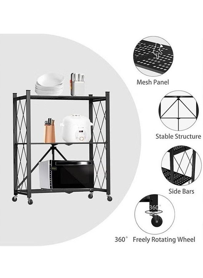 3-Layer Foldable Storage Rack, Multi-Layer Kitchen Living Room Floor Rack With Wheels Detachable Metal Shelf, Black