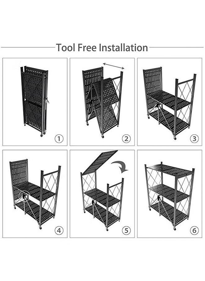 3-Layer Foldable Storage Rack, Multi-Layer Kitchen Living Room Floor Rack With Wheels Detachable Metal Shelf, Black