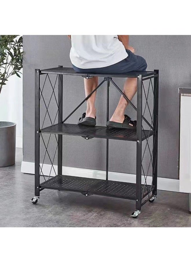 3-Layer Foldable Storage Rack, Multi-Layer Kitchen Living Room Floor Rack With Wheels Detachable Metal Shelf, Black