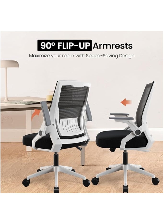 Ergonomic Office Chair Computer Desk Chair Comfy with Adjustable Lumbar Spine Support Mid-Back Mesh Gaming Chair with Flip-up Armrest Tilt Function Task Chair for Home Bedroom White