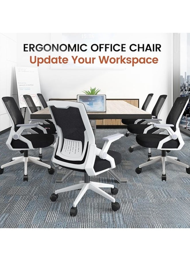 Ergonomic Office Chair Computer Desk Chair Comfy with Adjustable Lumbar Spine Support Mid-Back Mesh Gaming Chair with Flip-up Armrest Tilt Function Task Chair for Home Bedroom White