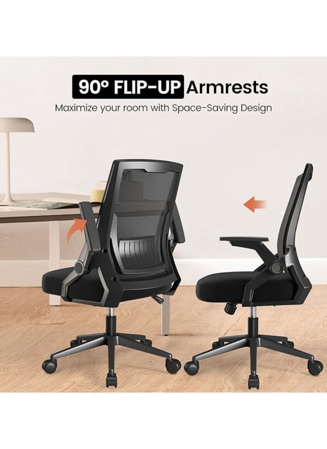 Ergonomic Office Chair Computer Desk Chair Comfy with Adjustable Lumbar Support Mid-Back Mesh Gaming Chair with Flip-up Armrest Tilt Function Task Chair for Home Bedroom Gaming Black