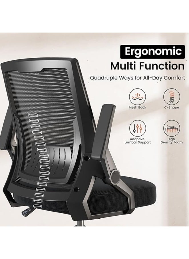 Ergonomic Office Chair Computer Desk Chair Comfy with Adjustable Lumbar Support Mid-Back Mesh Gaming Chair with Flip-up Armrest Tilt Function Task Chair for Home Bedroom Gaming Black