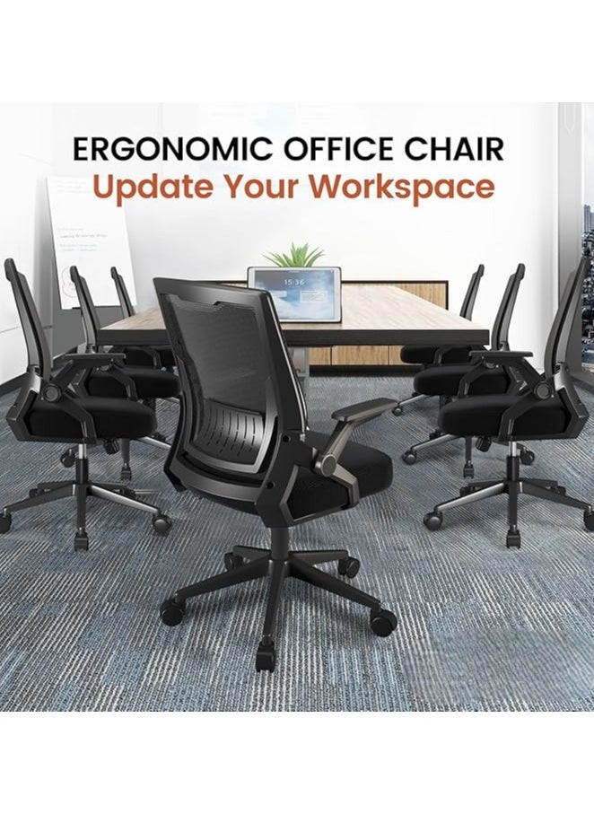 Ergonomic Office Chair Computer Desk Chair Comfy with Adjustable Lumbar Support Mid-Back Mesh Gaming Chair with Flip-up Armrest Tilt Function Task Chair for Home Bedroom Gaming Black