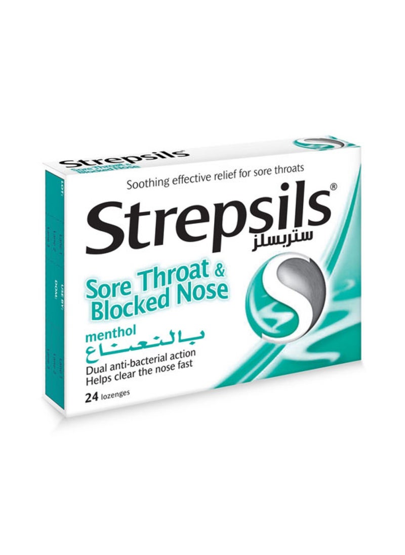 Menthol Sore Throat And Blocked Nose Dual Anti-Bacterial Action Fast Effective Relief From Sore Throats 24 Lozenges - 3 packs