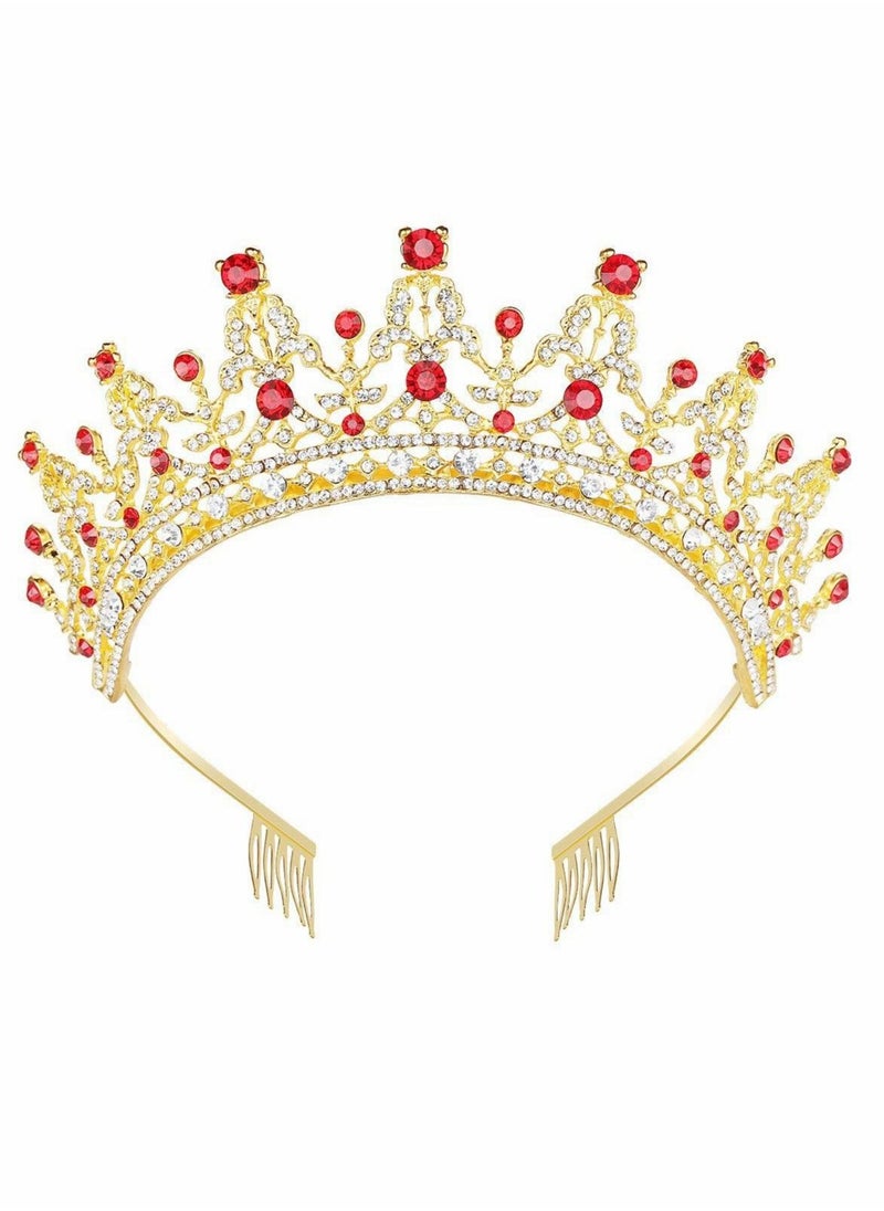 Crystal Queen Crown for Women & Girls, Gold Tiara Birthday Headband, Hair Accessories for Bride, Bridesmaids, Prom, ,  Gifts with Red Diamonds