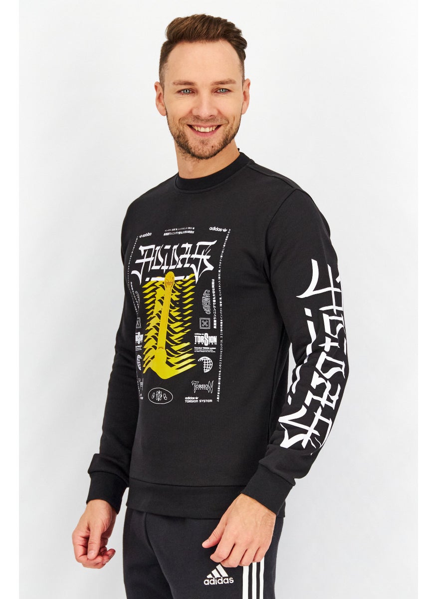 Men Crew Neck Graphic Print Long Sleeves Sweatshirt, Black