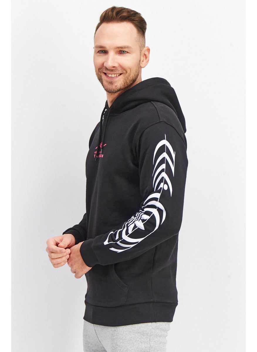 Men Sportswear Fit Hooded Graphic Print Long Sleeves Sweatshirt, Black