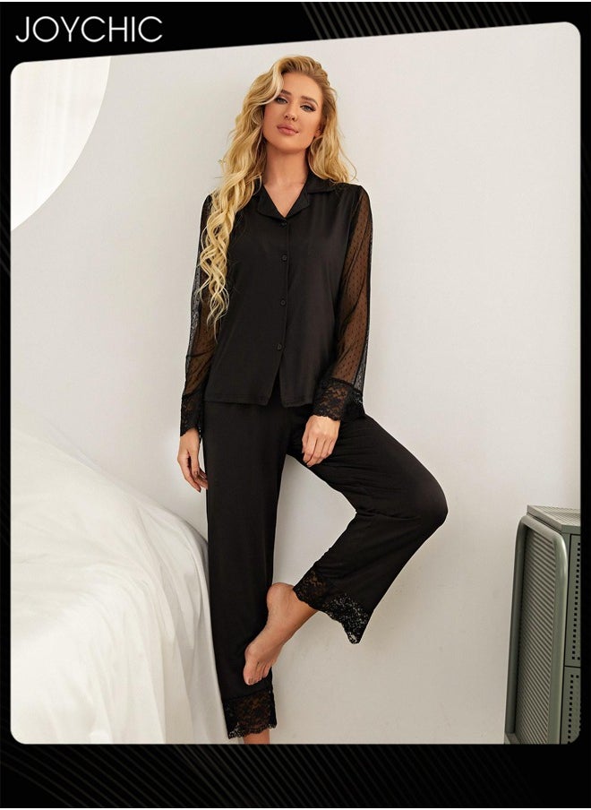 Women Solid Color Lace Mesh Long-sleeved Trousers Pajamas Set  Casual Breathable Shirt Collar Nightgown for Spring Summer Autumn Black