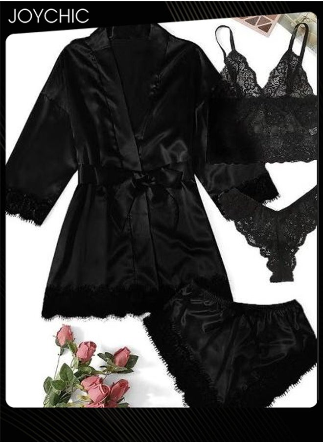 4-piece Romatic Women Nightwear Sets Silk Satin Nightgown Spring and Summer Breathable Ladies Lace V-neck Pajamas Black