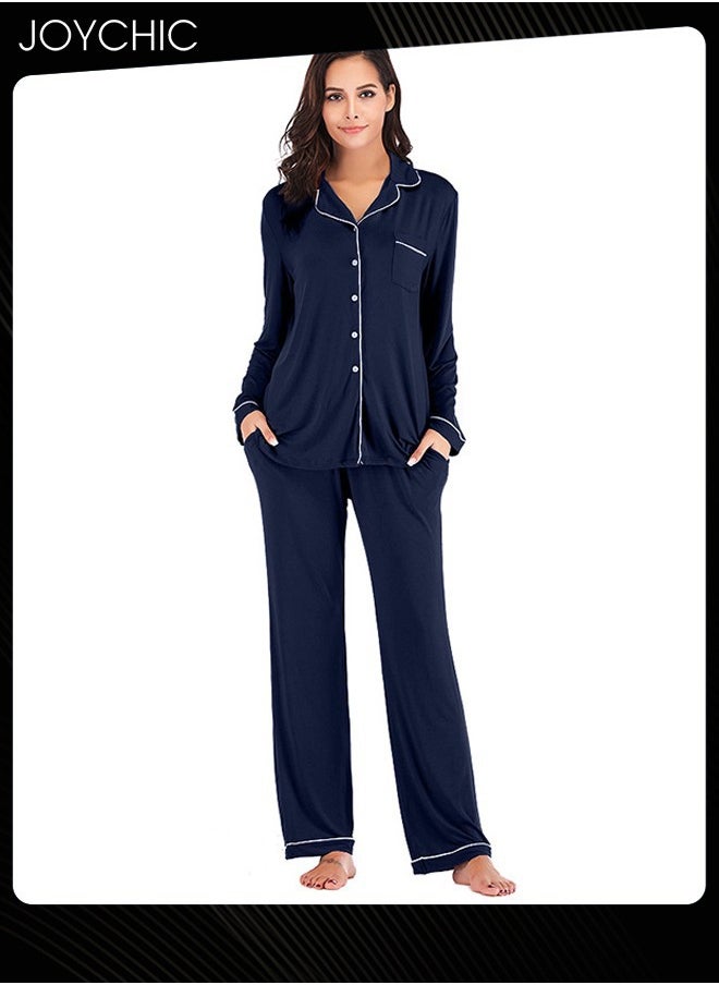 2-piece Classic Spring and Summer Autumn Pajamas Modal Skin-friendly Loose Women's Nightgown Casual Shirt Collar Long-sleeved Home Clothes Loungewear Navy Blue