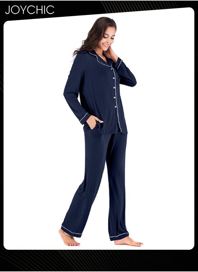 2-piece Classic Spring and Summer Autumn Pajamas Modal Skin-friendly Loose Women's Nightgown Casual Shirt Collar Long-sleeved Home Clothes Loungewear Navy Blue