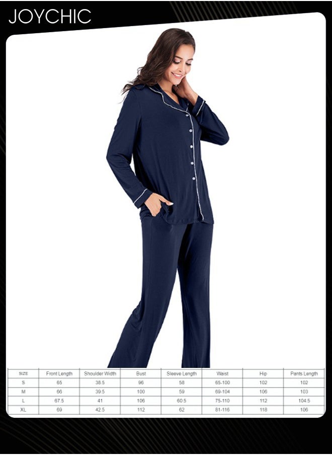 2-piece Classic Spring and Summer Autumn Pajamas Modal Skin-friendly Loose Women's Nightgown Casual Shirt Collar Long-sleeved Home Clothes Loungewear Navy Blue