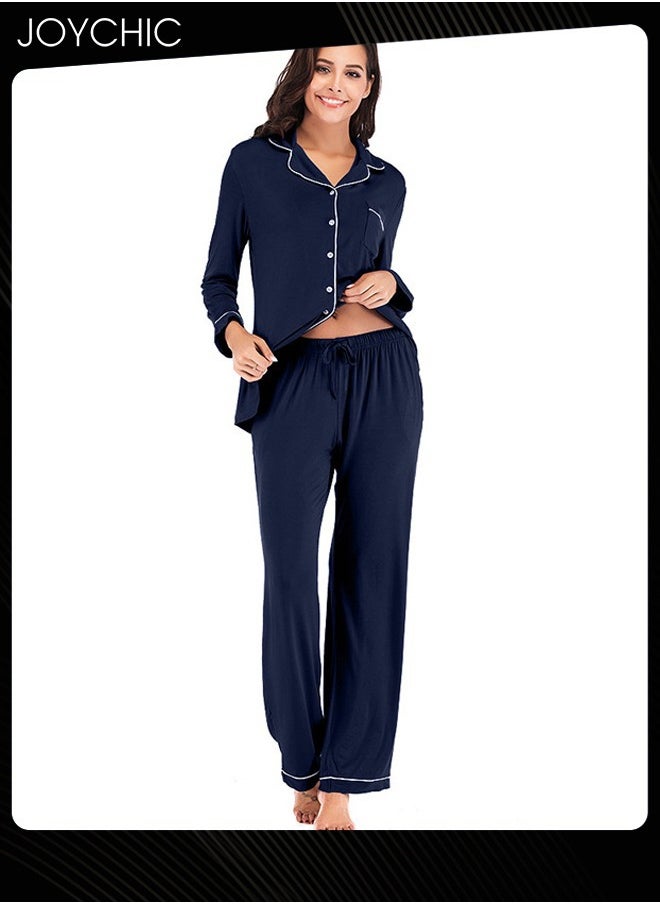 2-piece Classic Spring and Summer Autumn Pajamas Modal Skin-friendly Loose Women's Nightgown Casual Shirt Collar Long-sleeved Home Clothes Loungewear Navy Blue