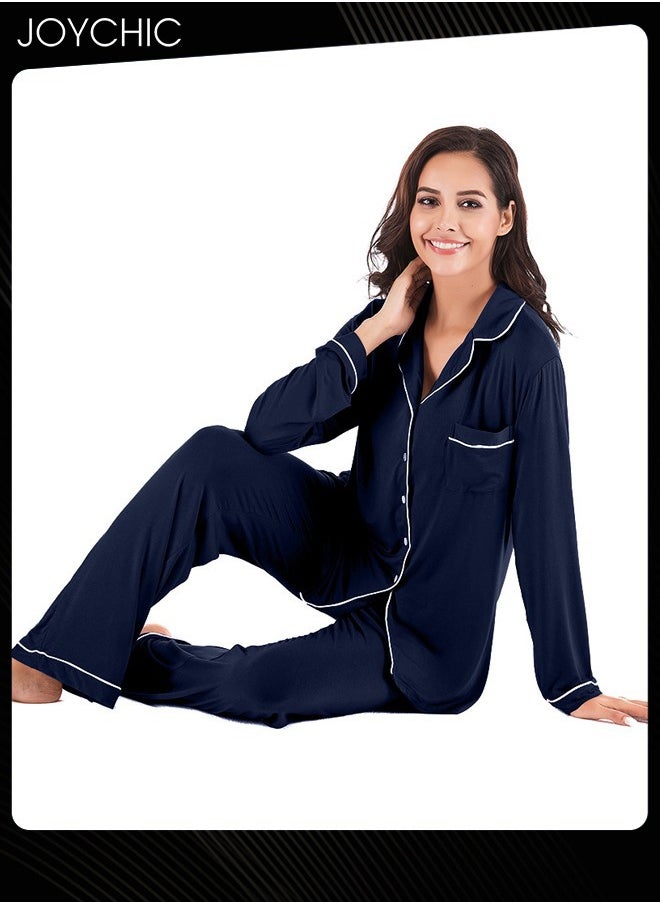 2-piece Classic Spring and Summer Autumn Pajamas Modal Skin-friendly Loose Women's Nightgown Casual Shirt Collar Long-sleeved Home Clothes Loungewear Navy Blue