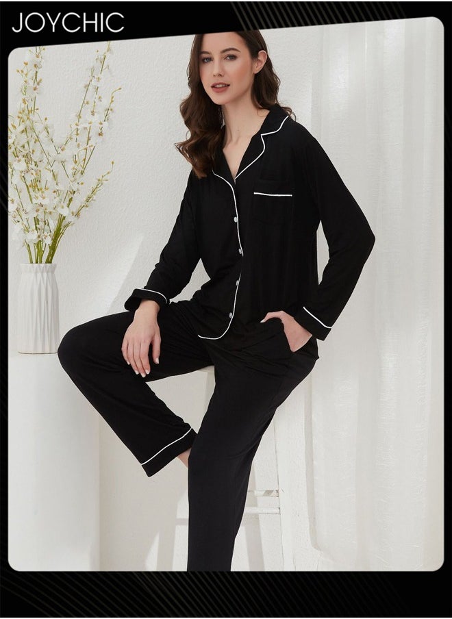 2-piece Classic Spring and Summer Autumn Pajamas Modal Skin-friendly Loose Women Nightgown Casual Shirt Collar Long-sleeved Home Clothes Loungewear Black