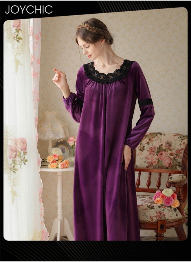 Long-sleeved Nightgown for Women Winter Palace Style Long Home Dress Gold Velvet Fabric Warm Pajamas Ladies Loose Loungewear Purple