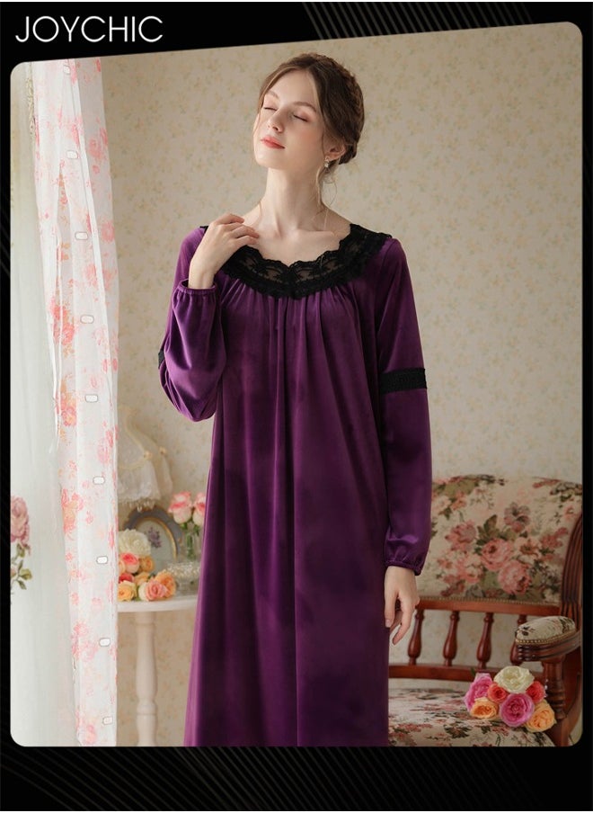 Long-sleeved Nightgown for Women Winter Palace Style Long Home Dress Gold Velvet Fabric Warm Pajamas Ladies Loose Loungewear Purple