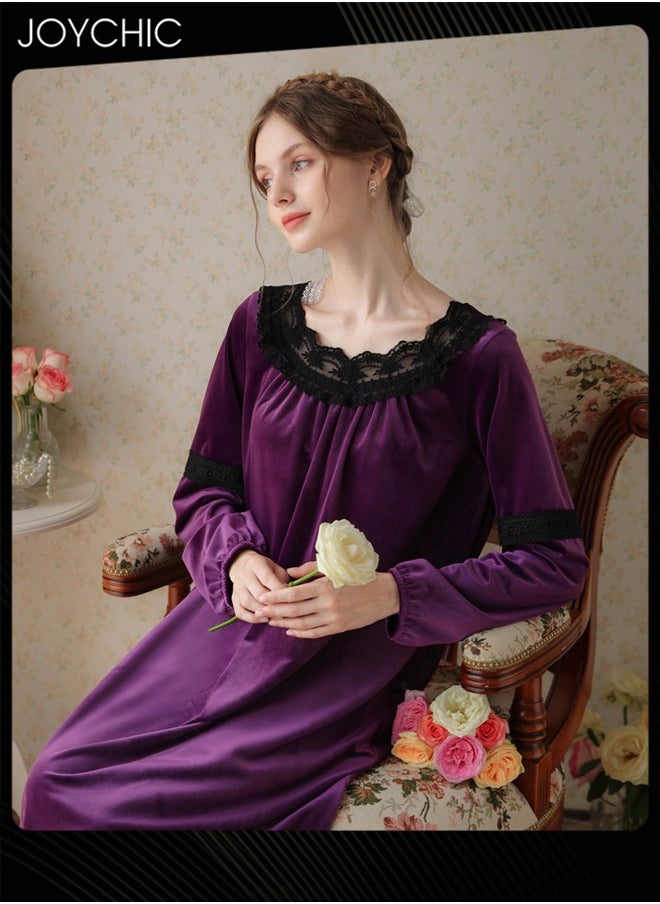 Long-sleeved Nightgown for Women Winter Palace Style Long Home Dress Gold Velvet Fabric Warm Pajamas Ladies Loose Loungewear Purple