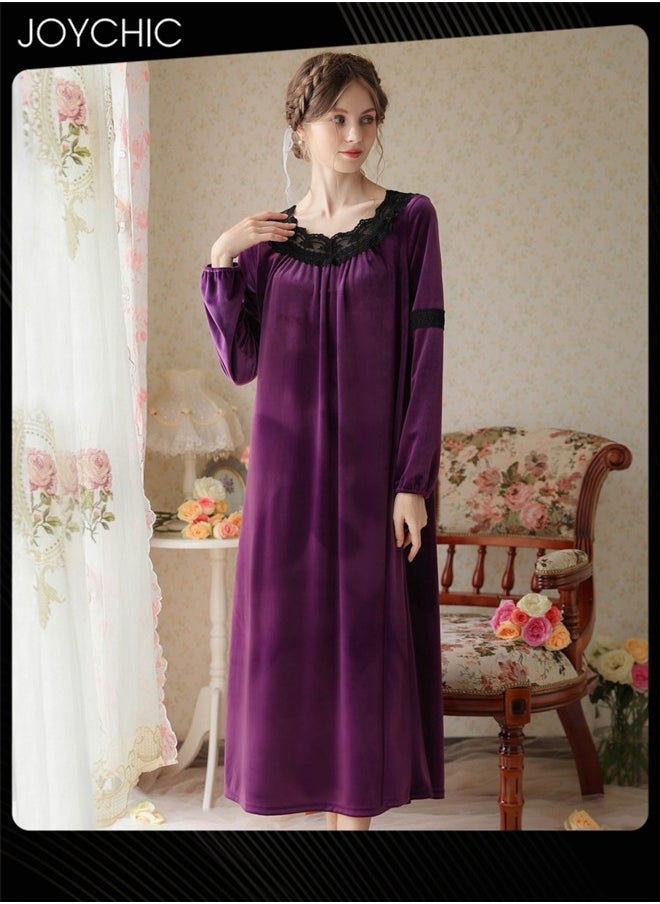 Long-sleeved Nightgown for Women Winter Palace Style Long Home Dress Gold Velvet Fabric Warm Pajamas Ladies Loose Loungewear Purple