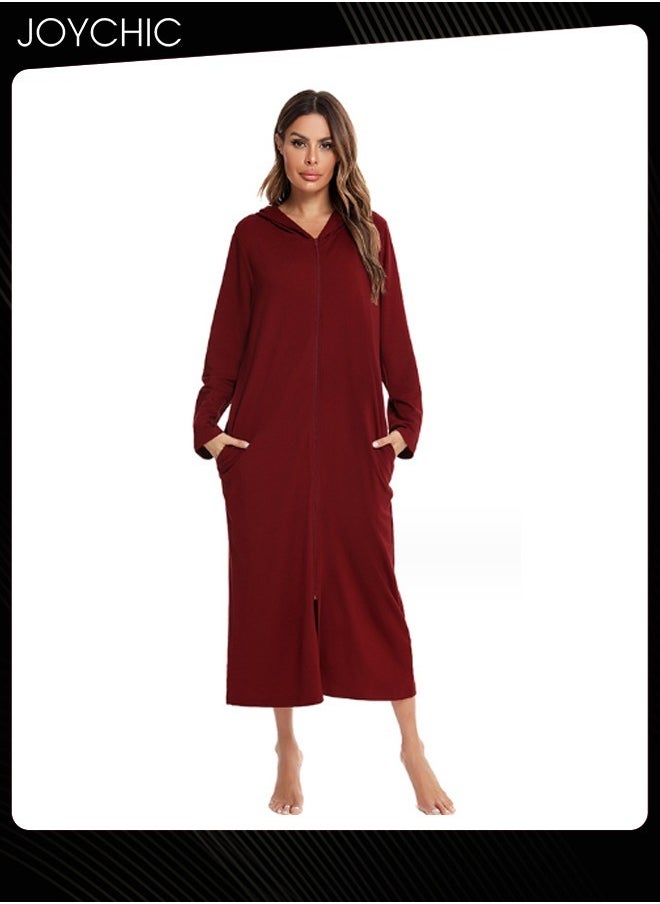 Solid Pattern Zipper Cardigan Spring Autumn and Winter Women Pajamas Home Comfortable Ladies Nightgown with Pockets and Hat Wine Red