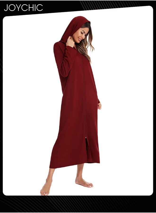 Solid Pattern Zipper Cardigan Spring Autumn and Winter Women Pajamas Home Comfortable Ladies Nightgown with Pockets and Hat Wine Red