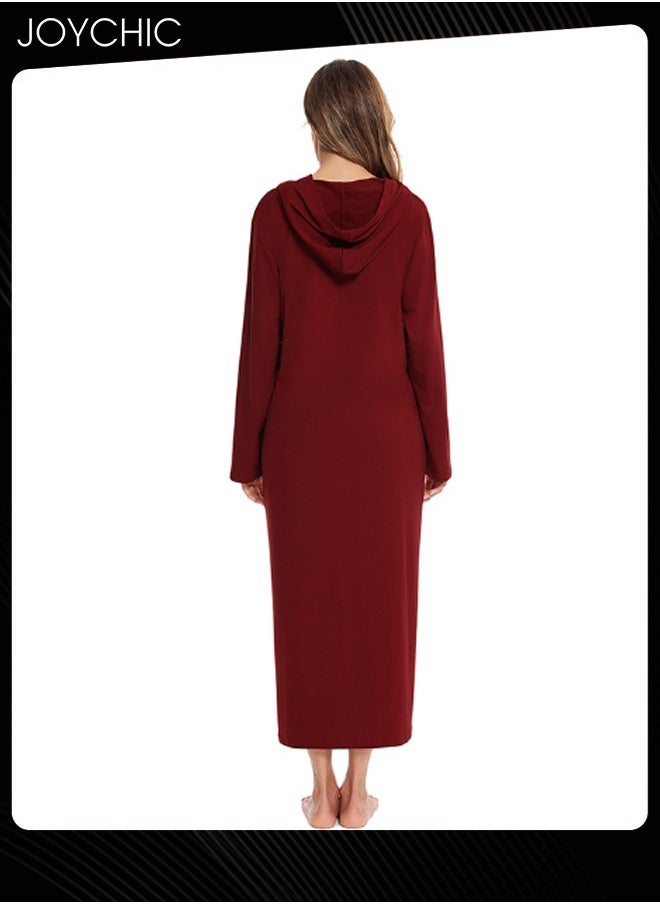 Solid Pattern Zipper Cardigan Spring Autumn and Winter Women Pajamas Home Comfortable Ladies Nightgown with Pockets and Hat Wine Red