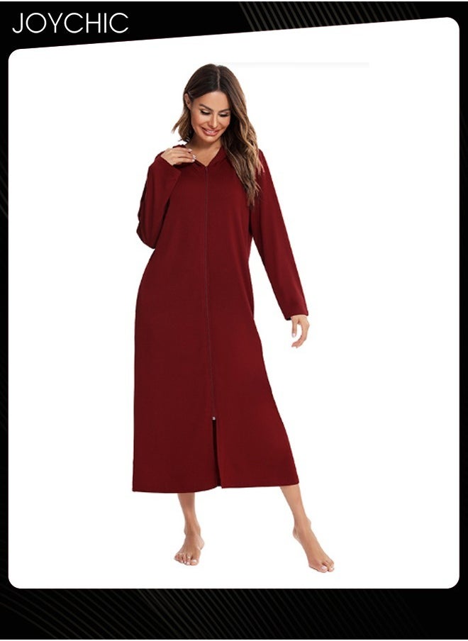 Solid Pattern Zipper Cardigan Spring Autumn and Winter Women Pajamas Home Comfortable Ladies Nightgown with Pockets and Hat Wine Red