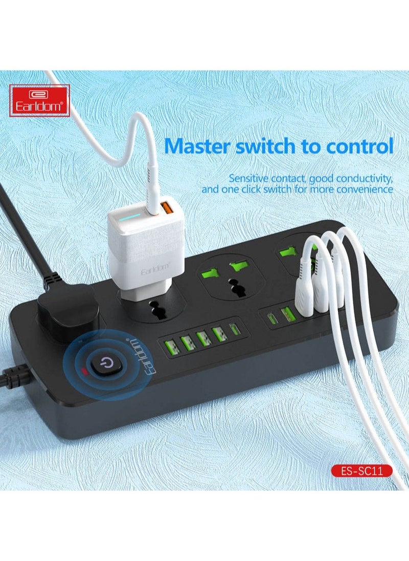 Extension Socket UK EU Plug 3000W with Surge Protection – Power Strip with Quick Charge USB Ports & Phone/Tablet Adapter