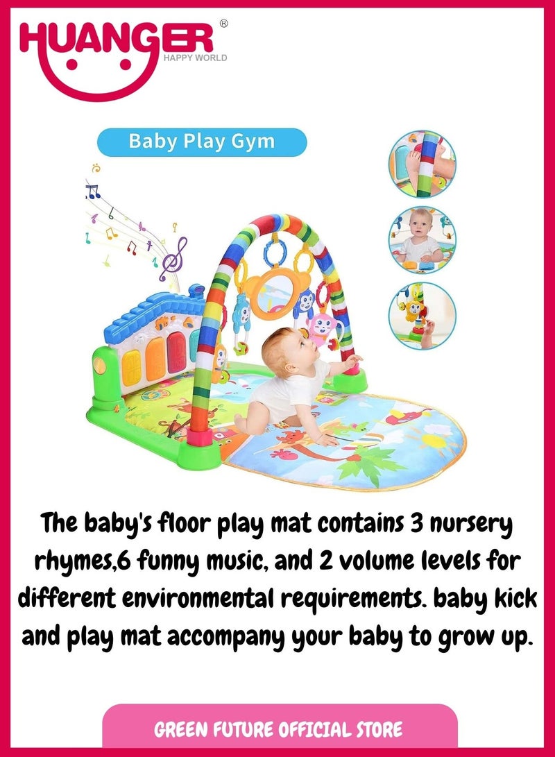 Baby Playmat w/ Piano Music, 2 in 1 Hanging Toys and Mat for Newborns and Infants, Soft Playmat for Early Learning, Blue