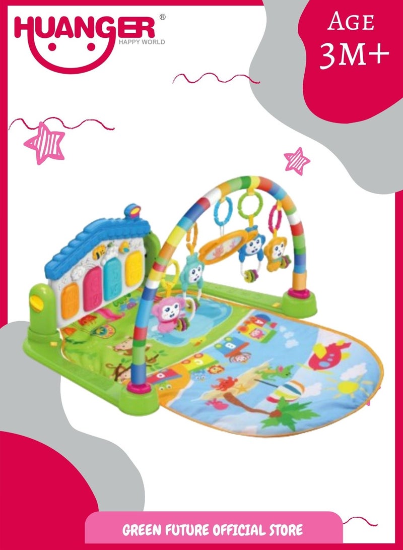 Baby Playmat w/ Piano Music, 2 in 1 Hanging Toys and Mat for Newborns and Infants, Soft Playmat for Early Learning, Blue