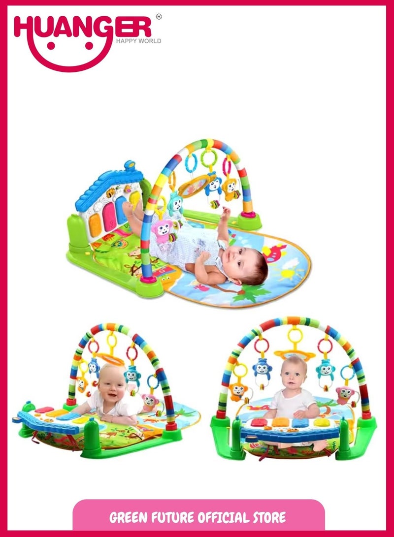 Baby Playmat w/ Piano Music, 2 in 1 Hanging Toys and Mat for Newborns and Infants, Soft Playmat for Early Learning, Blue