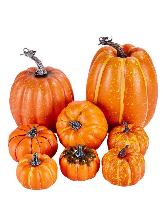 8 Pcs Assorted Sizes Harvest Orange Artificial Pumpkins For Fall Halloween Thanksgiving Decorating Embellishing And Displaying