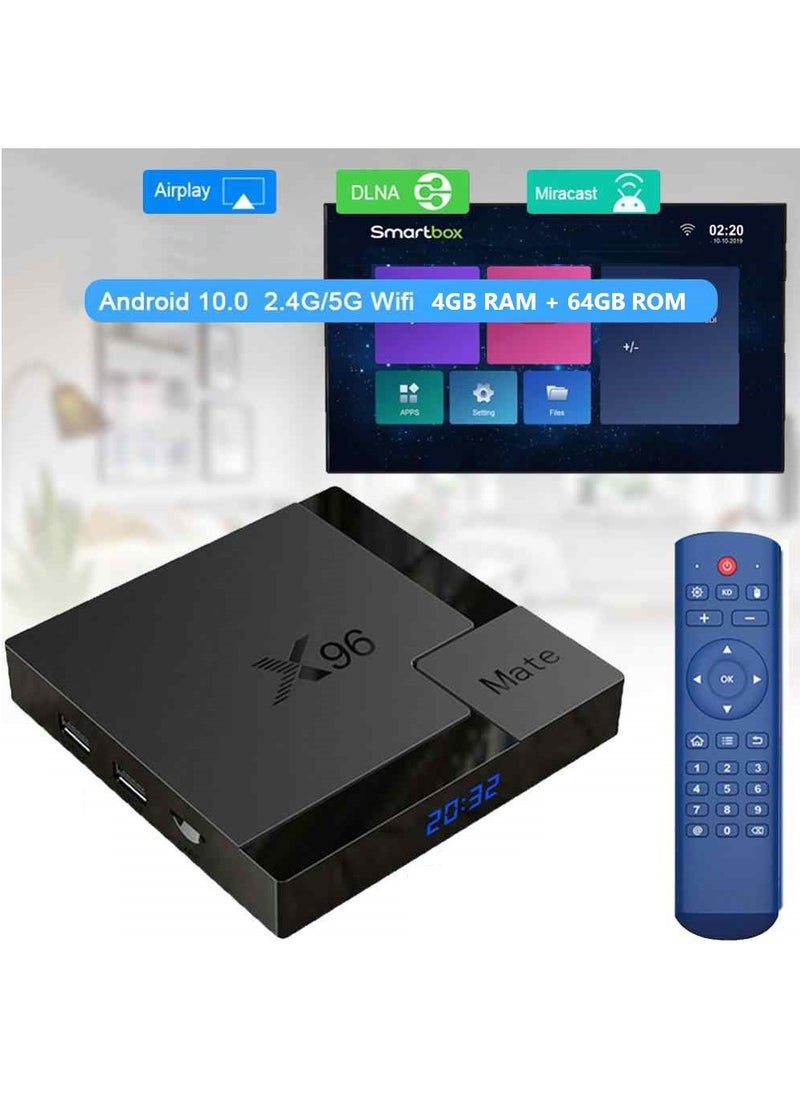 X96 Mate Smart TV Box, 4GB RAM + 64GB ROM, Android 10.0 TV Box, Allwinner H616 Quad Core ARM Cortex A53 CPU, Support Dual WiFi 2.4G/5G, 4K/UHD/3D Media Player, H.265 Ethernet 10/100M Set Top Box