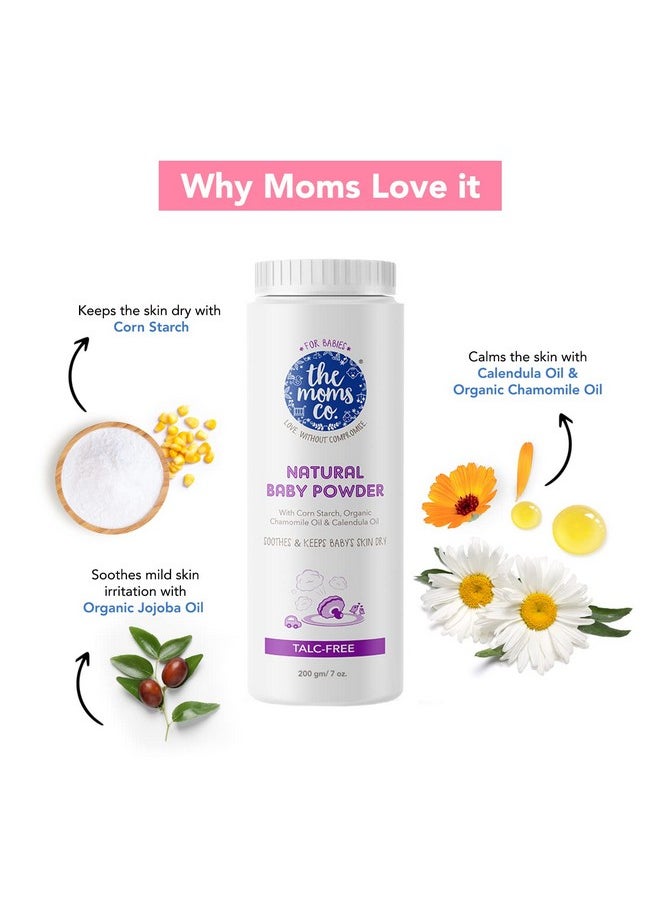 The Moms Co. Talc-Free Natural Baby Powder with Corn Starch | 100% Natural | Australia-Certified Toxin-Free | with Chamomile Oil, Calendula Oil and Organic Jojoba Oil - 200g