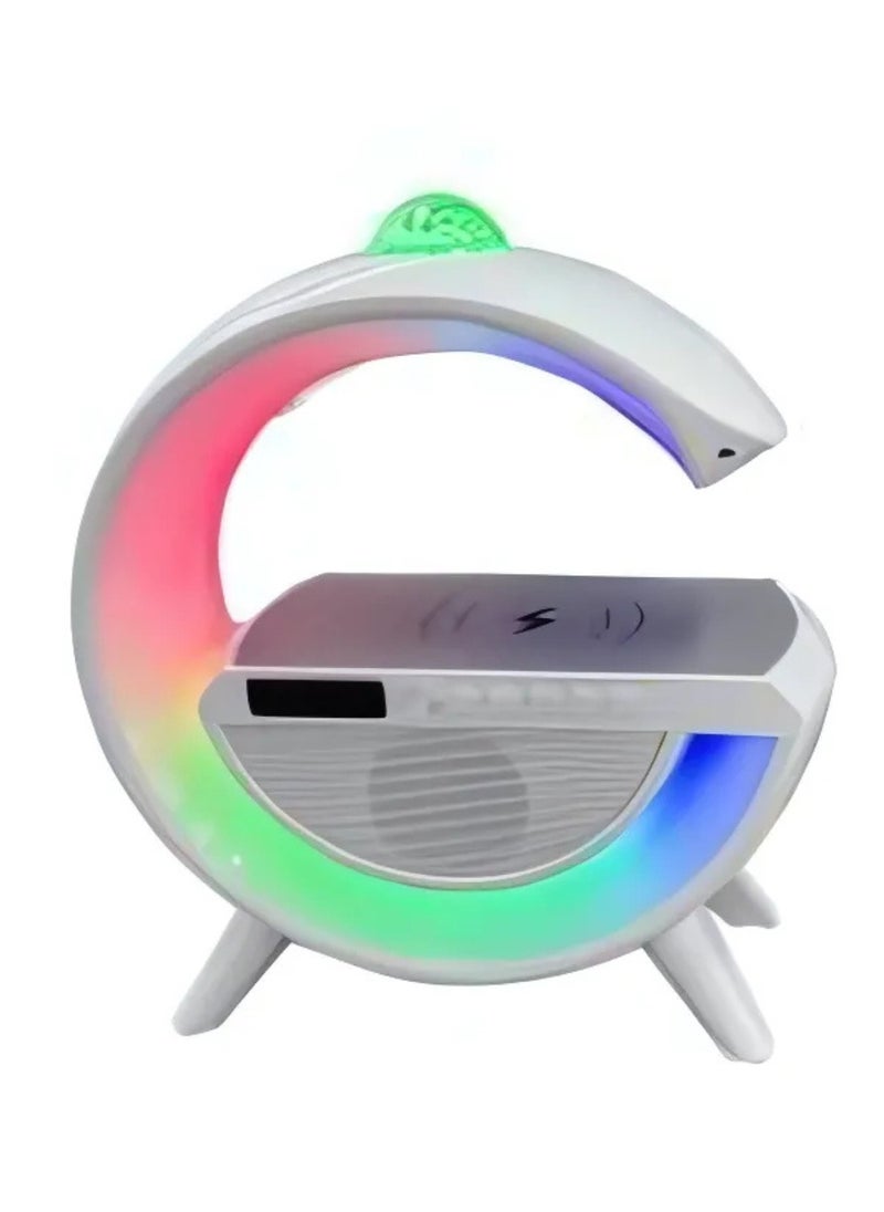 Sleek White Curved Portable Speaker with Multicolored LED Light Rings, Retro-Inspired Design, Glossy Finish, and Dynamic Audio Output