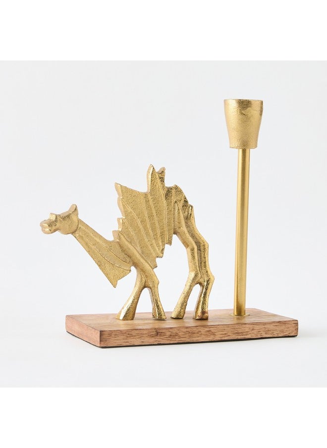 Rayon Aluminium Camel Taper Candleholder with Wooden Base 21 x 8 x 18.5 cm