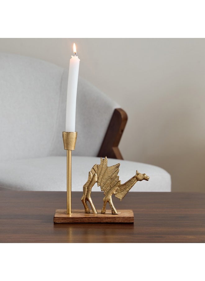 Rayon Aluminium Camel Taper Candleholder with Wooden Base 21 x 8 x 18.5 cm