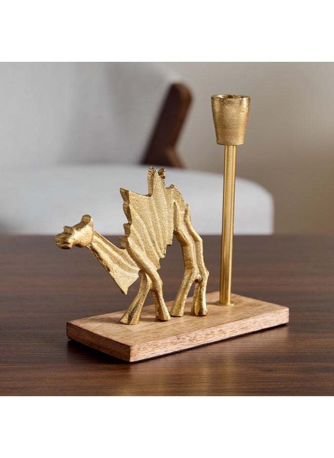 Rayon Aluminium Camel Taper Candleholder with Wooden Base 21 x 8 x 18.5 cm