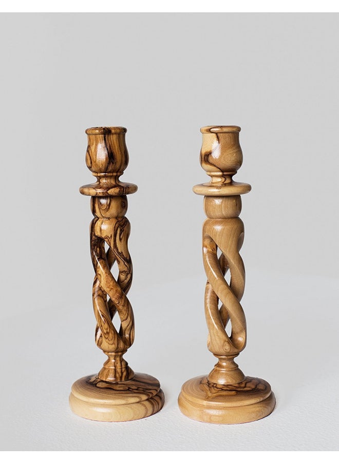 zytoon Pair of Olive Wood Hollow Twist Candle Holders