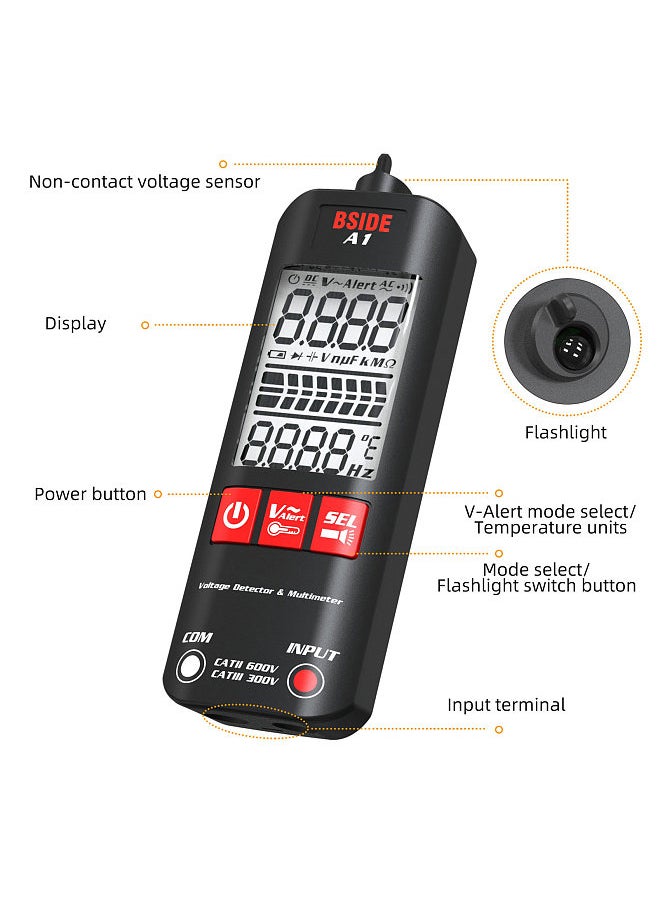 A1 Mini Multimeter LCD Digital Tester Voltage Detector 2000 Counts DC/AC Voltage Frequency Resistance NCV Continuity Live Wire Neutral Wire Check True RMS Meter