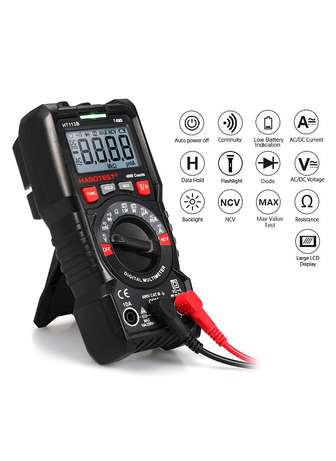 Digital Multimeter Auto Range True RMS 4000 Counts Non Contact Multi Meter Voltmeter Ammeter Ohmmeter Measuring AC/DC Voltage Current Resistance Continuity Test Diode NCV Tester Maximum Measurement with Backlight LCD and Flashlight