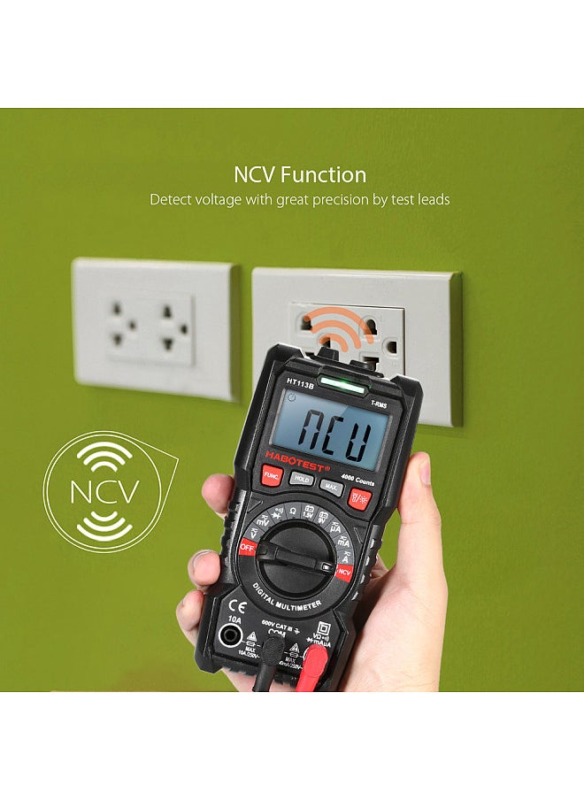 Digital Multimeter Auto Range True RMS 4000 Counts Non Contact Multi Meter Voltmeter Ammeter Ohmmeter Measuring AC/DC Voltage Current Resistance Continuity Test Diode NCV Tester Maximum Measurement with Backlight LCD and Flashlight