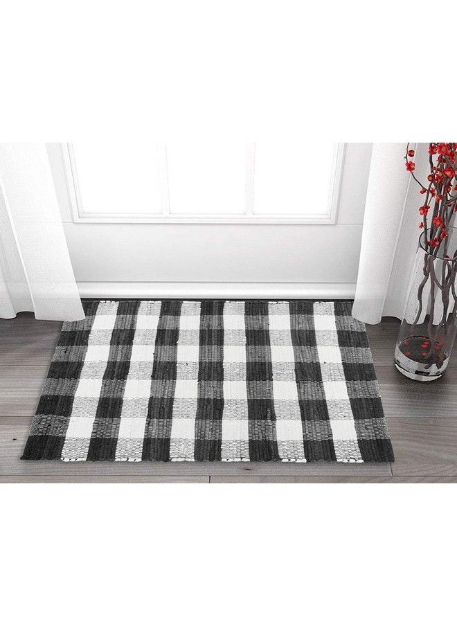 Cotton Buffalo Check Plaid Rugs Washable Handwoven Checkered Rug Welcome Door Mat 22X34 Rug For Kitchen Bathroom Outdoor Porch Laundry Living Room Farmhouse Reversible Rag Rug Black White