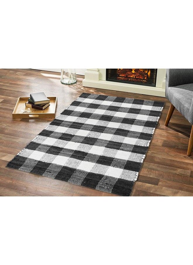 Cotton Buffalo Check Plaid Rugs Washable Handwoven Checkered Rug Welcome Door Mat 22X34 Rug For Kitchen Bathroom Outdoor Porch Laundry Living Room Farmhouse Reversible Rag Rug Black White