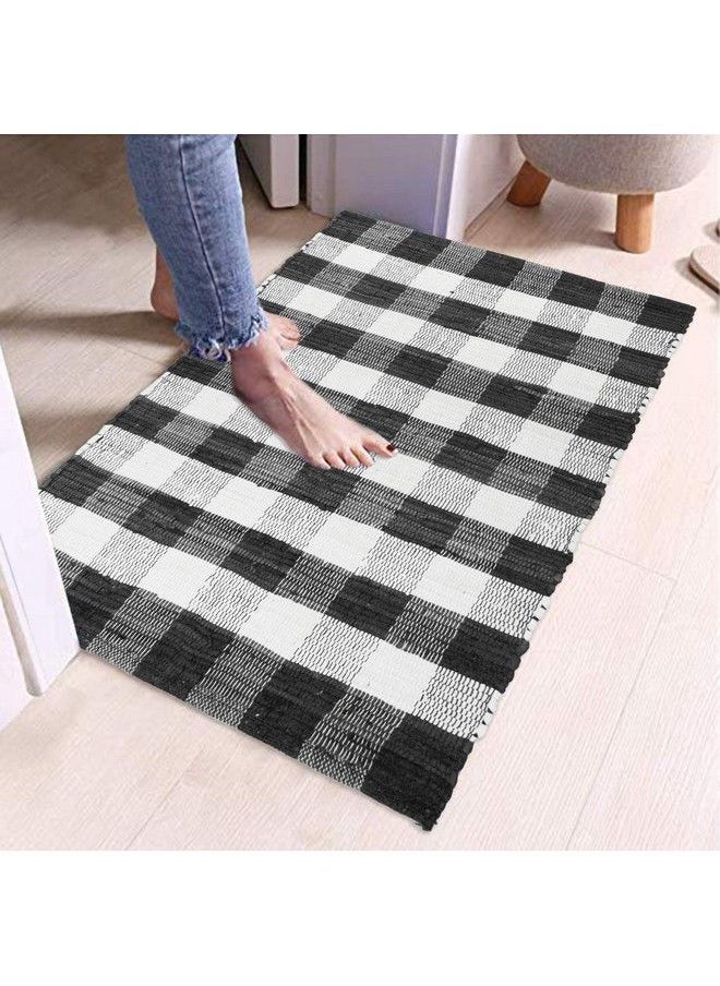 Cotton Buffalo Check Plaid Rugs Washable Handwoven Checkered Rug Welcome Door Mat 22X34 Rug For Kitchen Bathroom Outdoor Porch Laundry Living Room Farmhouse Reversible Rag Rug Black White