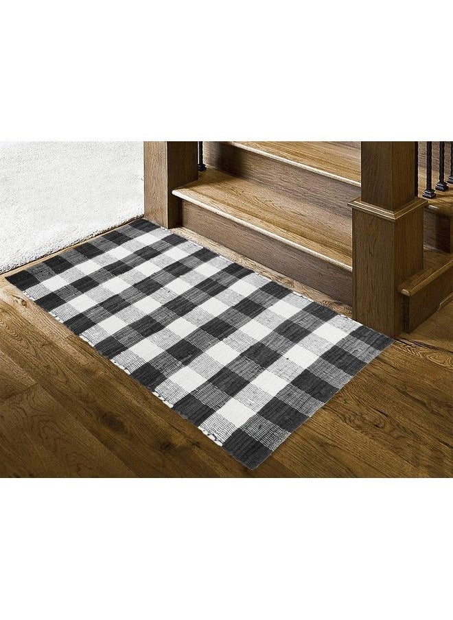 Cotton Buffalo Check Plaid Rugs Washable Handwoven Checkered Rug Welcome Door Mat 22X34 Rug For Kitchen Bathroom Outdoor Porch Laundry Living Room Farmhouse Reversible Rag Rug Black White