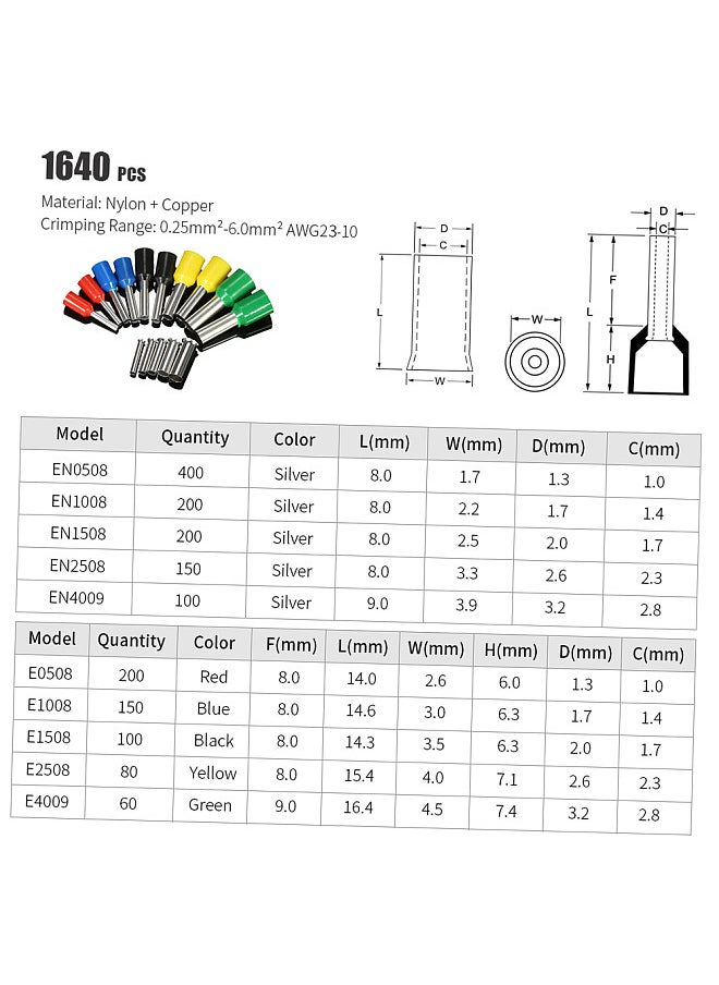 Self Adjustable Professional Cable Wire Crimper Crimping Pliers Tool Ferrule Crimpers 0.25-6.0mm² + 1640pcs Copper Insulated Cord Pin End Crimp Terminals Electrical Wire Connector AWG23-10 Set