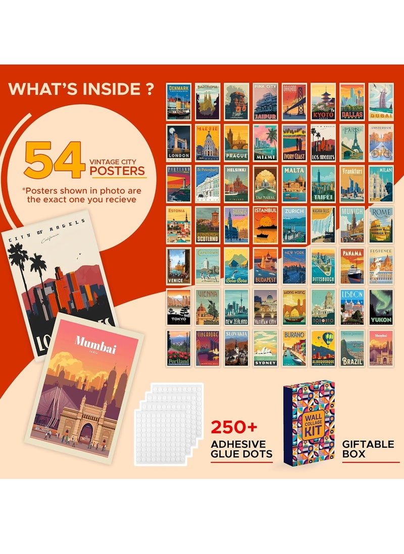 54 Pcs 4X6'' Size Wall Collage Kit Travel City Posters, Trendy Cities Travel Vintage Poster Set, Popular Cities Poster Glue Dots Included, 10.16 Cm